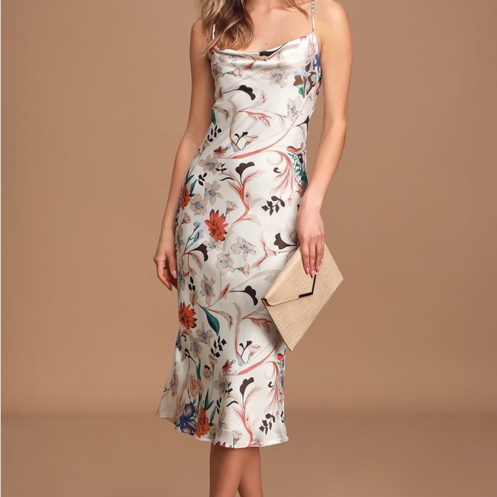 Must Be Fate Cream Multi Floral Print Satin Slip Midi Dress